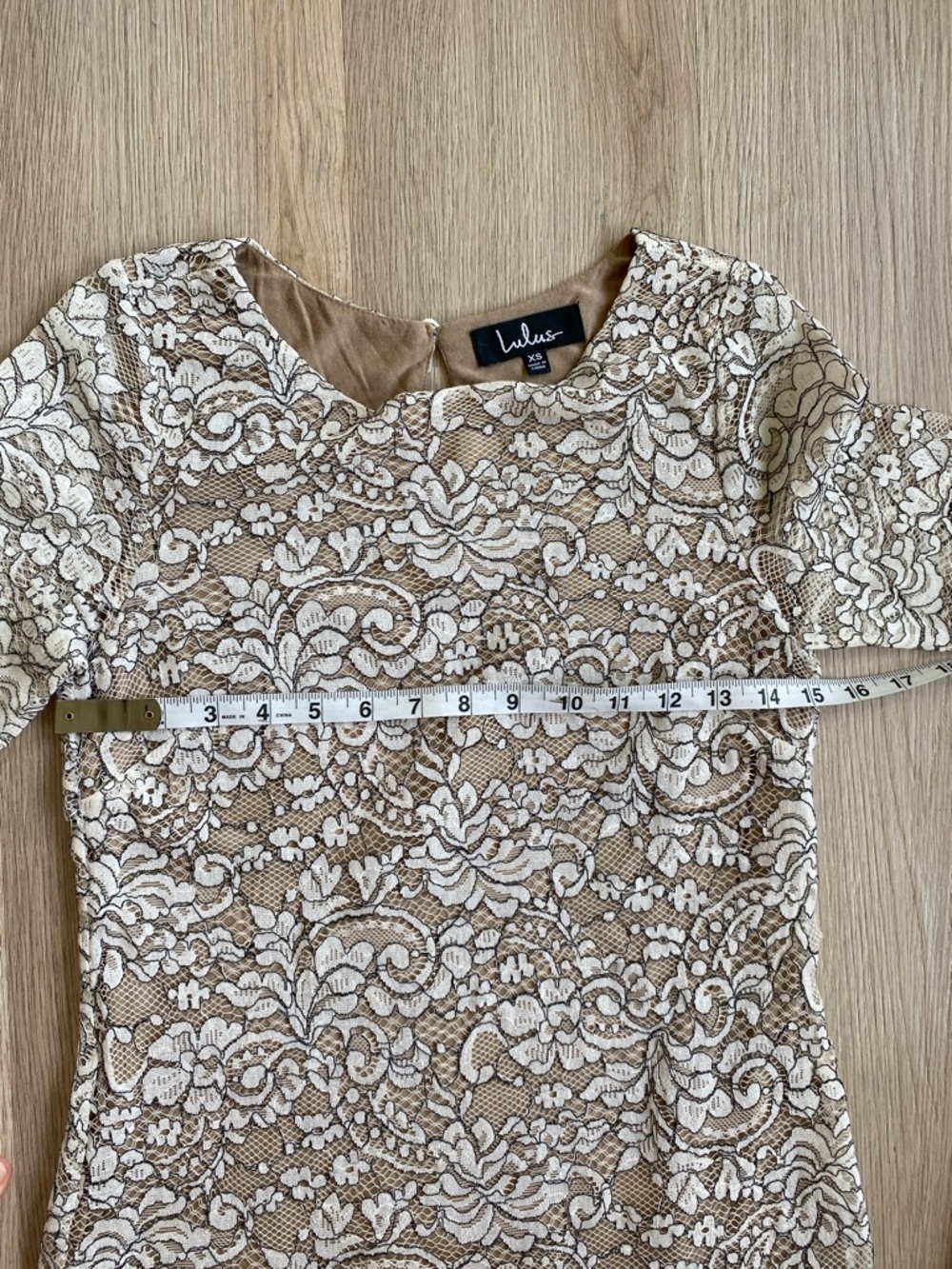 Lulus Lace Mini Dress XS Beige Nude Lined Short Sleeve Floral Scalloped Hem - Picture 8 of 13